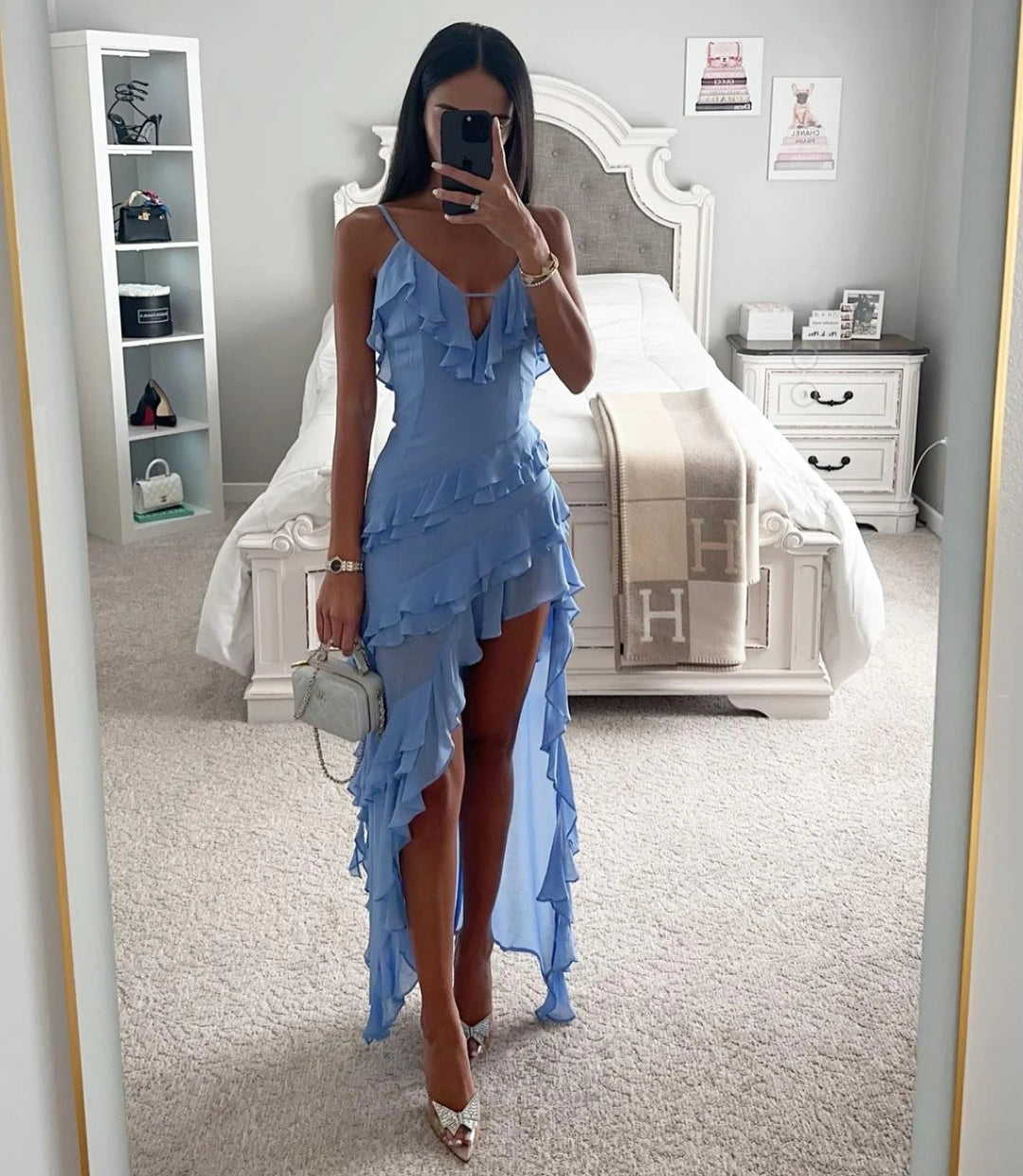 Elegant women's ruffle wrap maxi dress with V-neck and stylish asymmetric high-low hem, perfect for occasions.