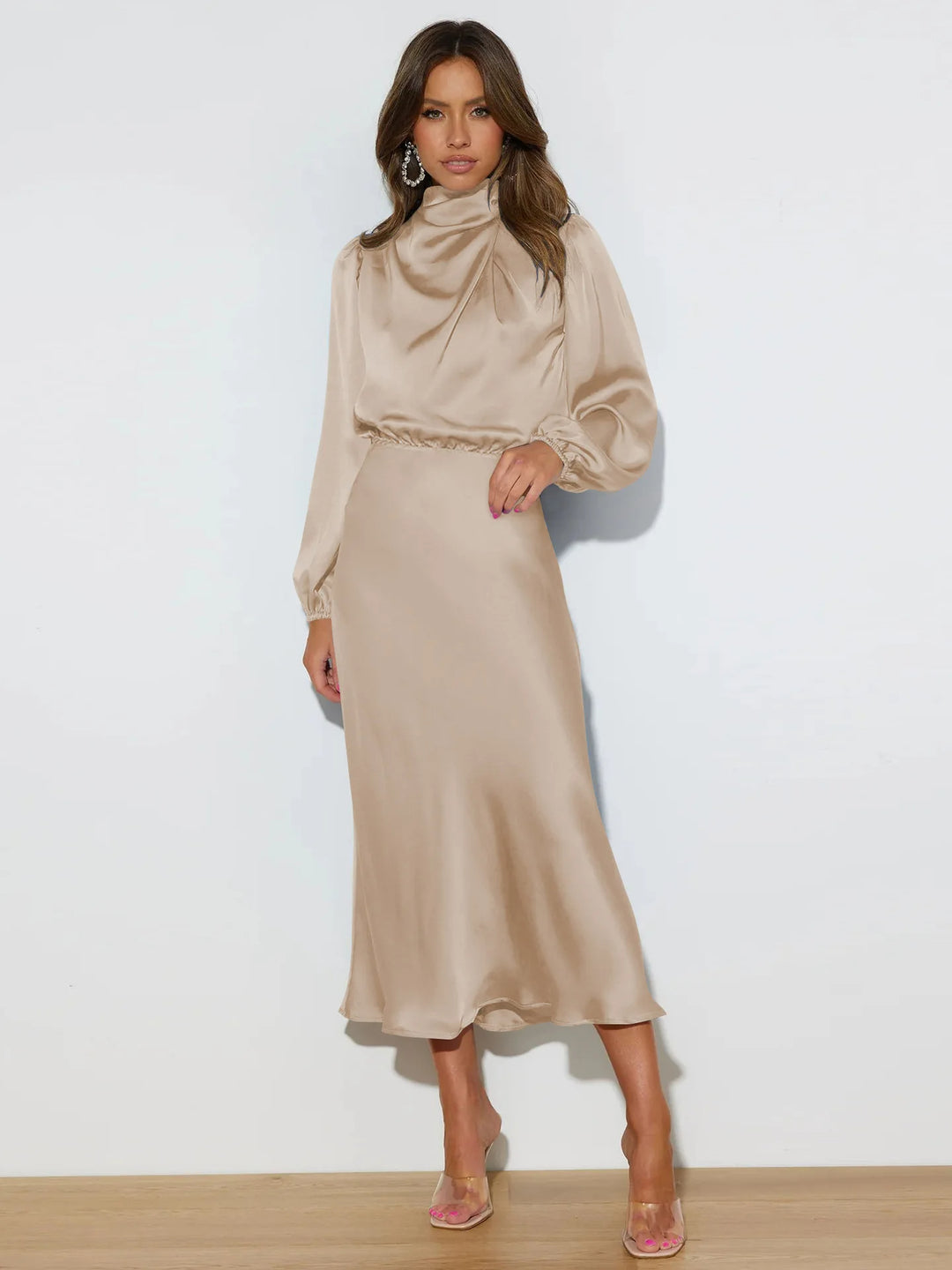Elegant women's satin A-line evening gown in rich navy, perfect for formal events.