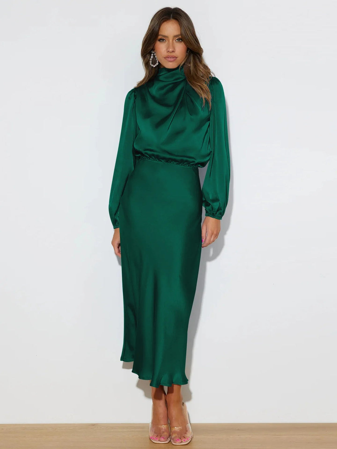 New arrival! Floor-length A-line satin gown for women, ideal for wedding guests.
