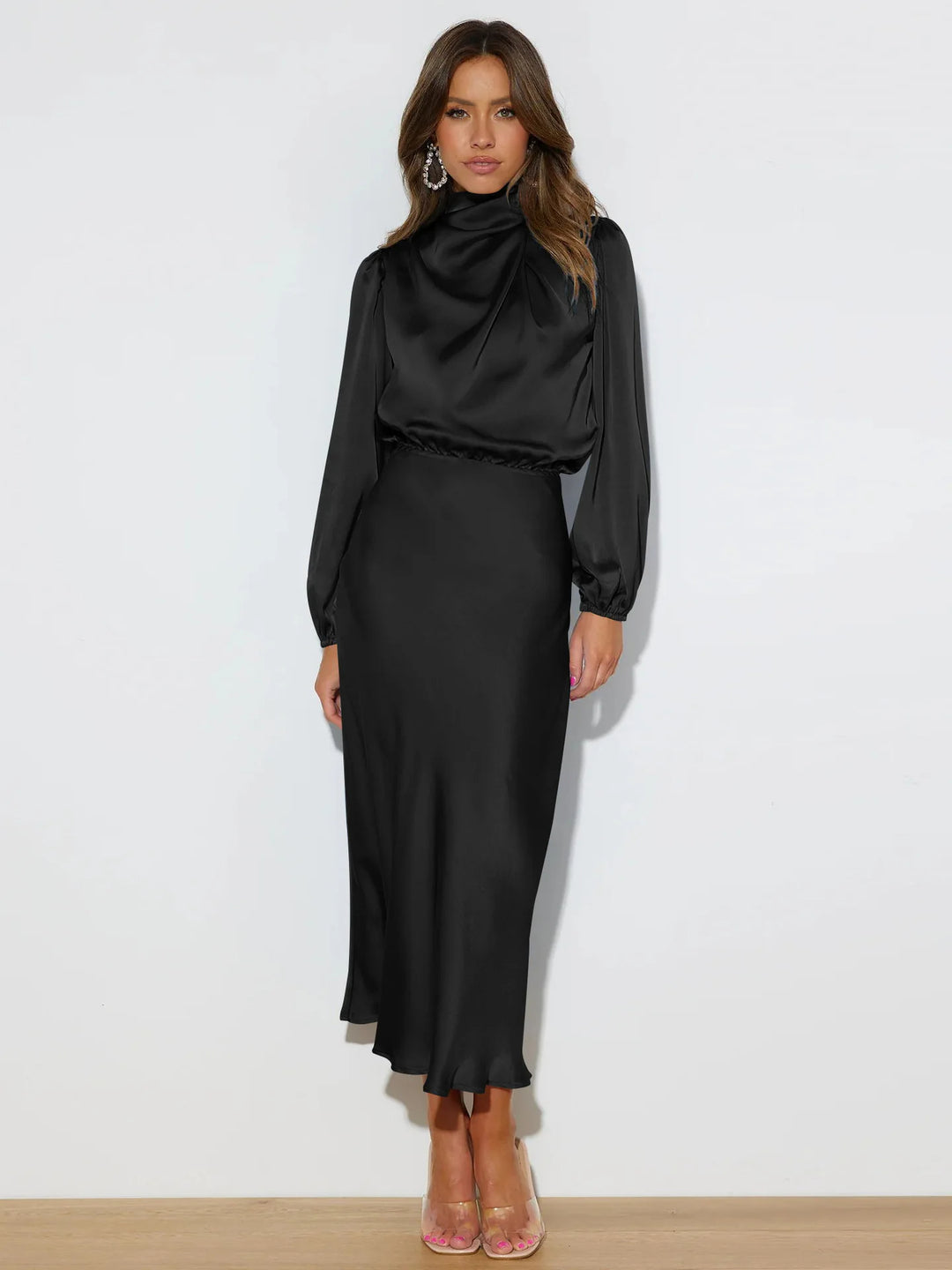 Luxurious polyester satin evening dress for women, an elegant choice for prom night.