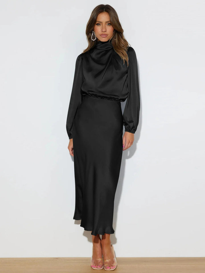 Luxurious polyester satin evening dress for women, an elegant choice for prom night.
