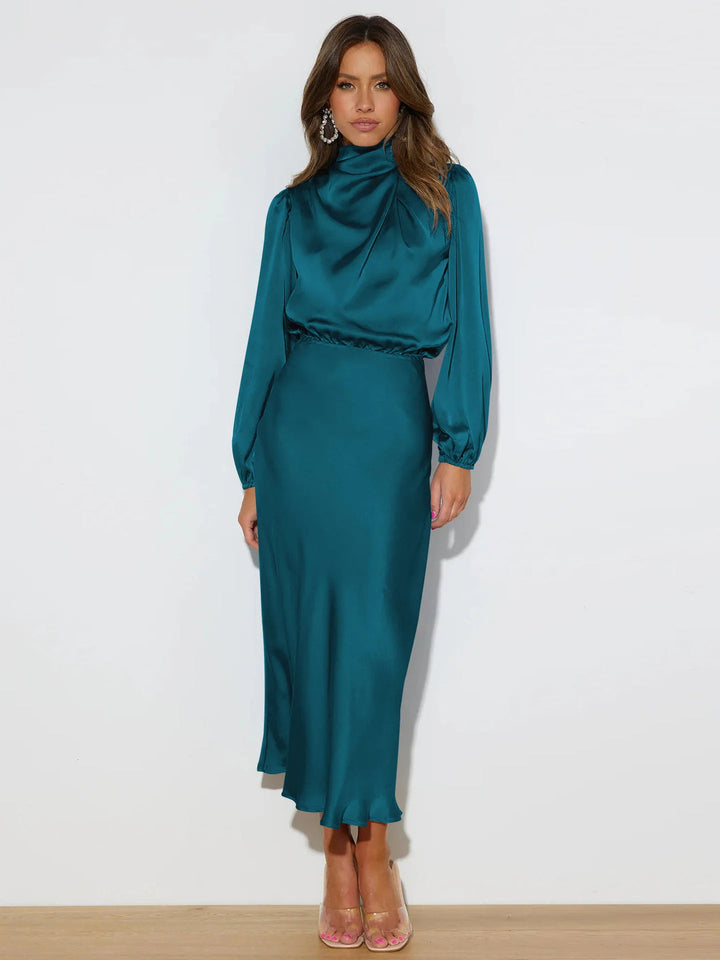 Chic women's formal party dress, a stunning A-line satin gown with flowing silhouette.