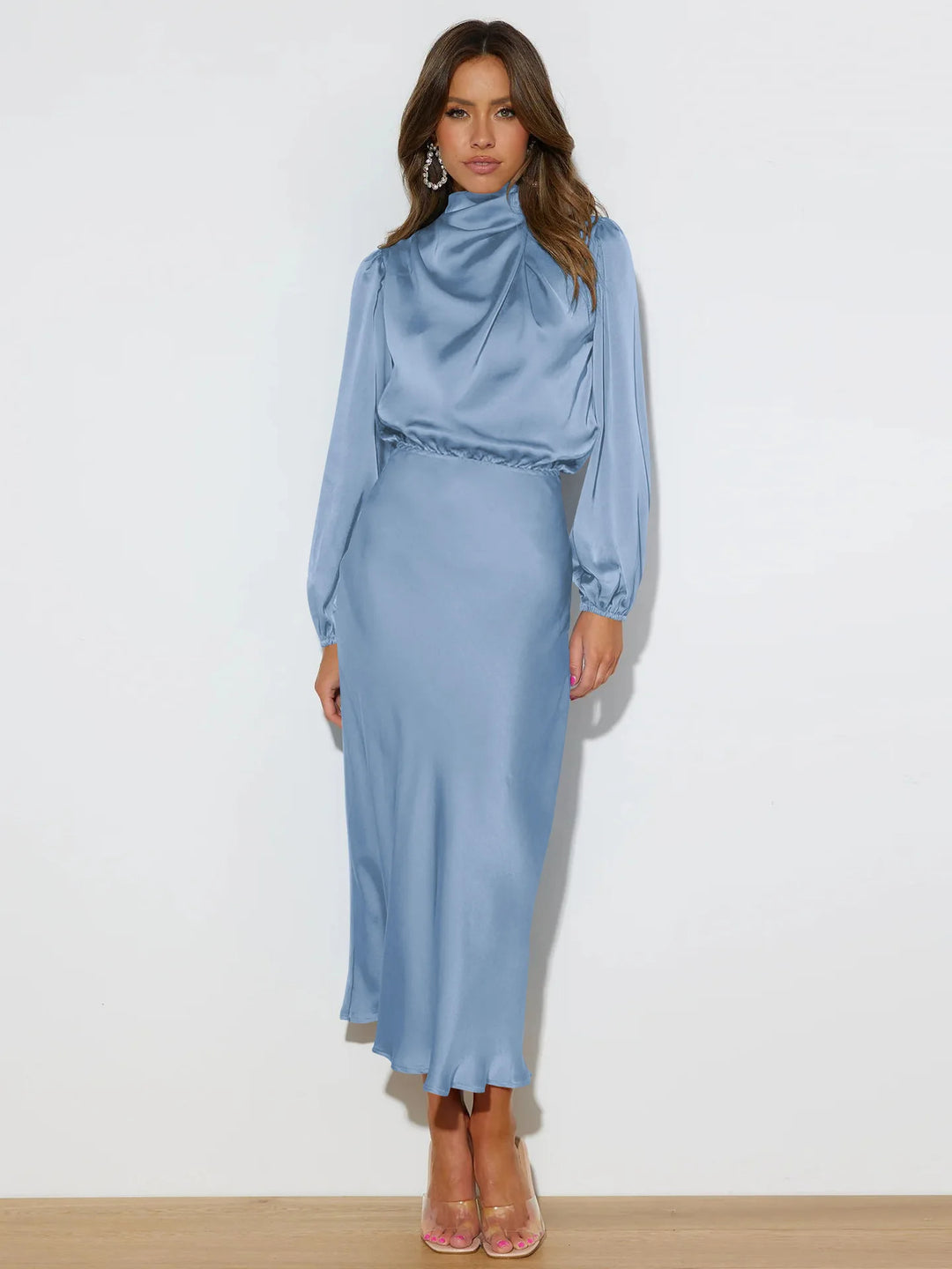 Beautiful women's A-line evening gown in shimmering satin, suitable for any elegant affair.