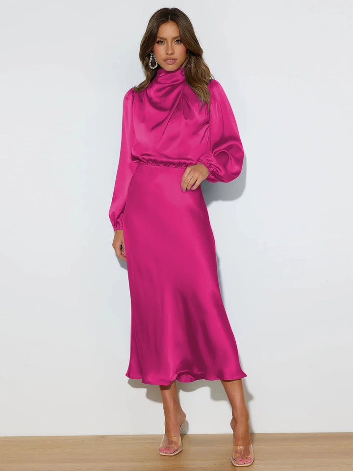 Sophisticated women's satin prom dress, a timeless A-line design for formal occasions.