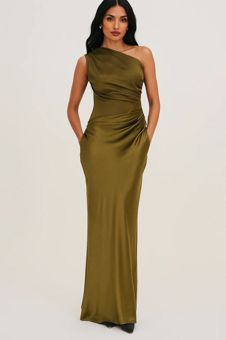 Formal asymmetric one-shoulder satin gown for women, a stunning and elegant party dress option