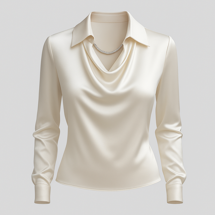 Elegant women's satin blouse with long sleeves, chic waterfall neckline for office or dinner.