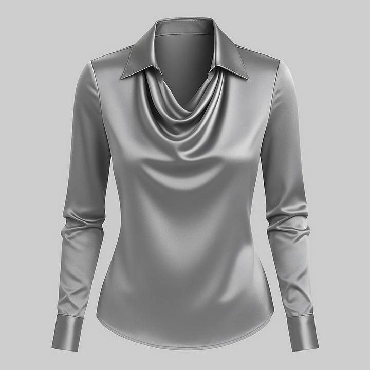 Chic women's waterfall neck blouse with long sleeves, elegant satin for office and special occasions.