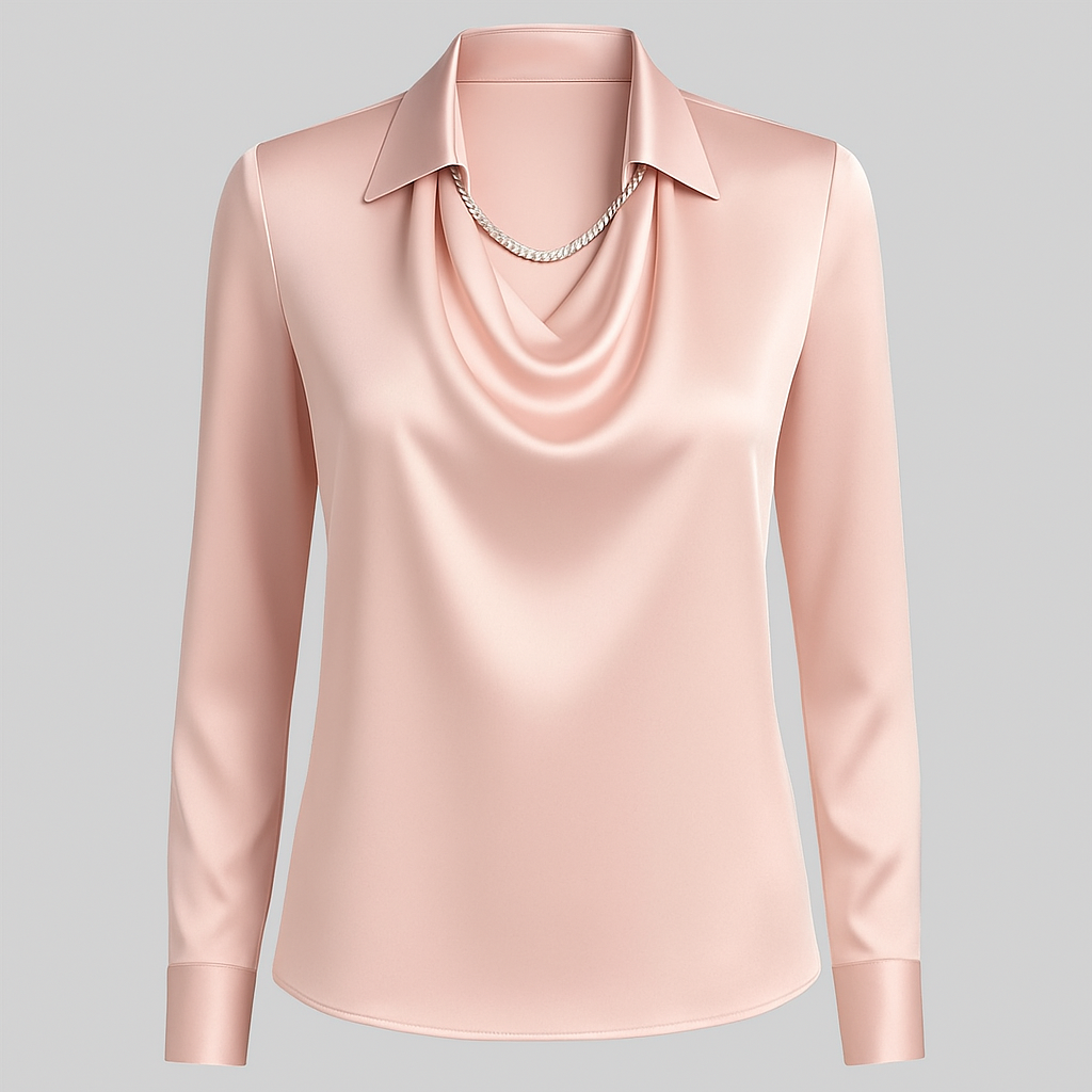 Women's elegant long sleeve satin blouse, stylish waterfall neckline for sophisticated office attire.