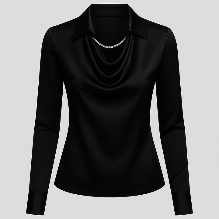 Stylish ladies' satin waterfall blouse, long sleeve design perfect for office, dinner & chic fashion.