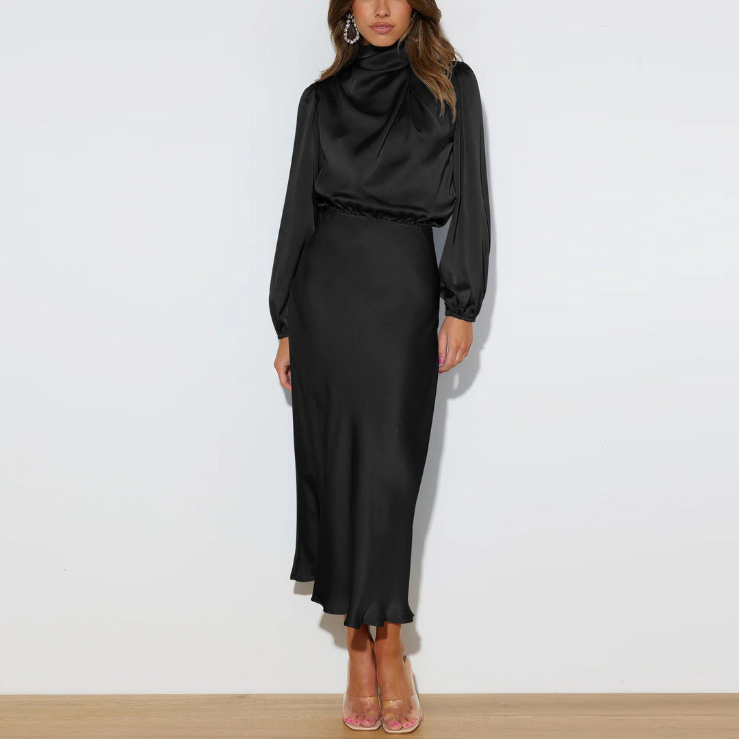 Elegant women's satin maxi dress with draped neckline, perfect for evening occasions.