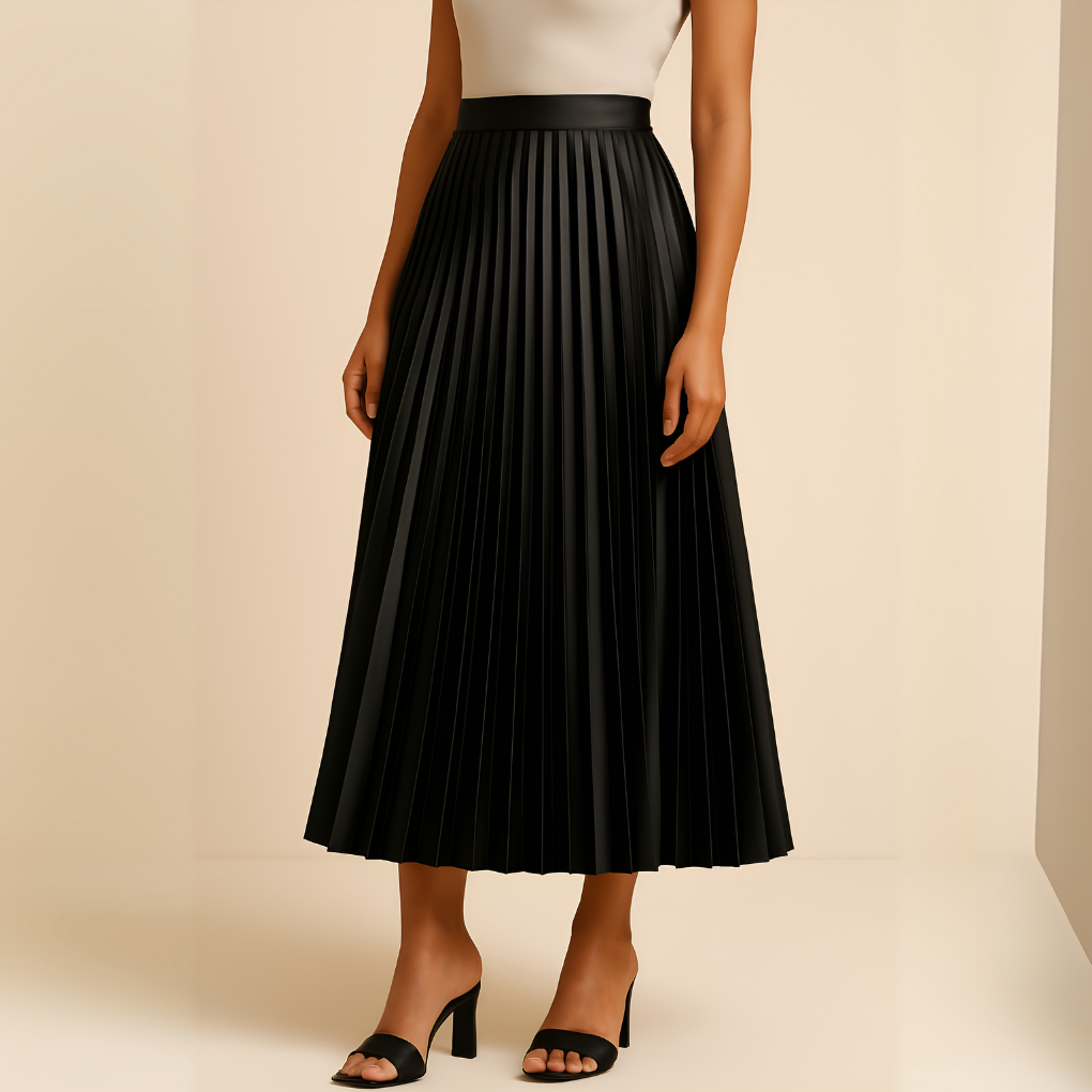 Elegant women's satin pleated high-waist midi skirt in a rich jewel tone, new arrival fashion.