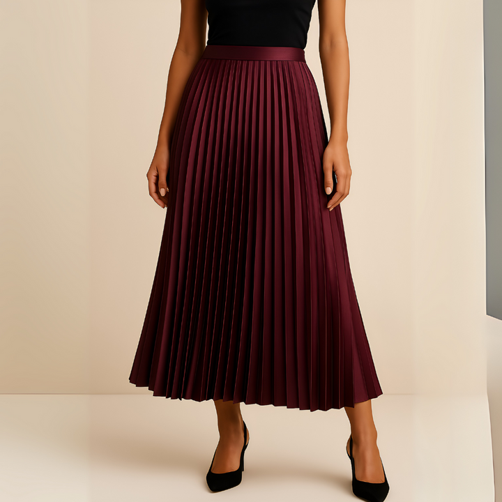Versatile women's high-waist midi skirt with delicate satin pleats, perfect for elegant styles.