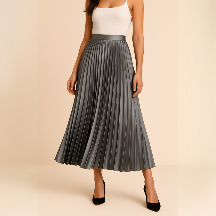 New arrival! Women's fashion satin pleated midi skirt, high-waisted design for a flattering fit.