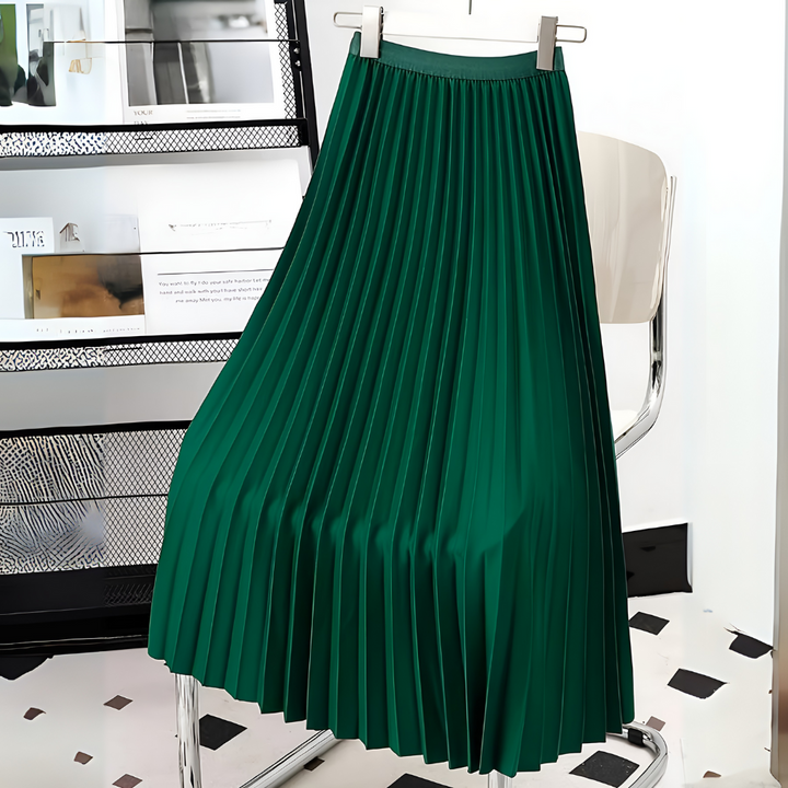 Stylish women's new midi skirt, crafted from soft satin with classic pleats and a high-waist design.