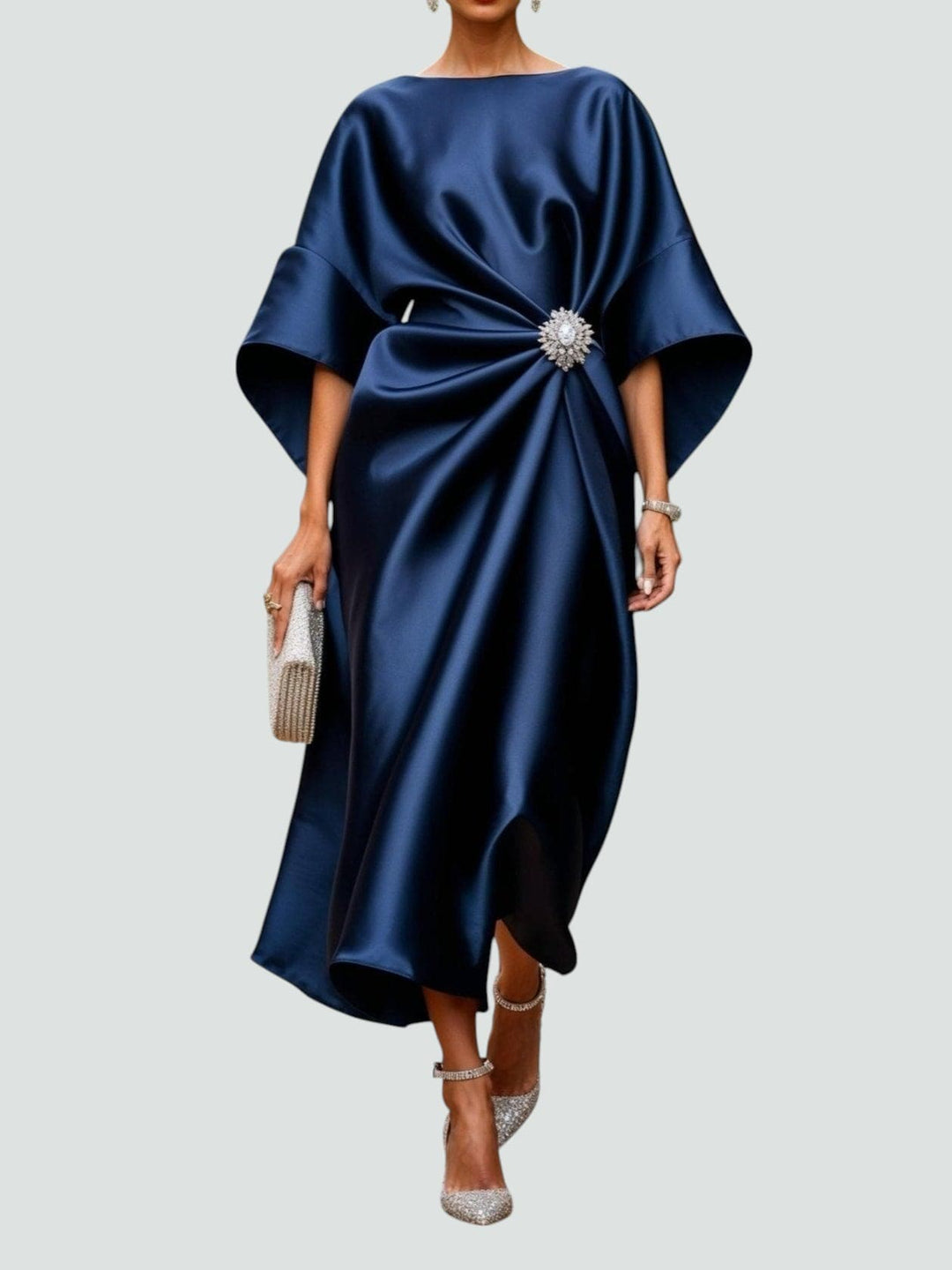 Elegant women's sculpted satin midi dress with draped fit, perfect for evening wear or a party.
