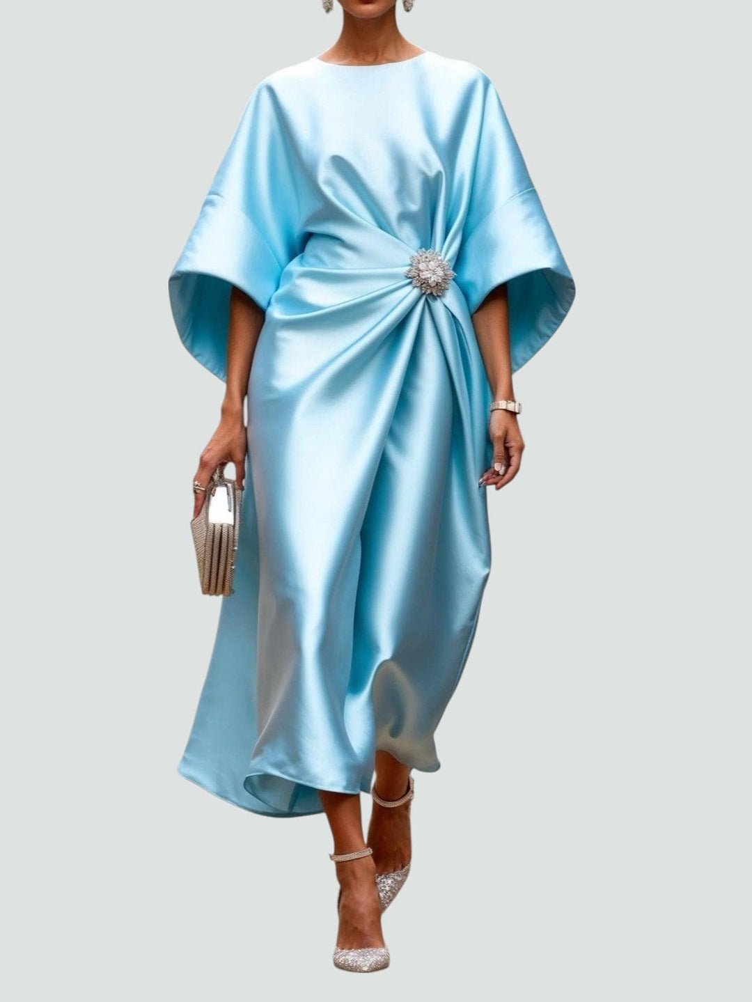 Stunning elegant women's satin midi dress, ideal for special occasions and formal events.