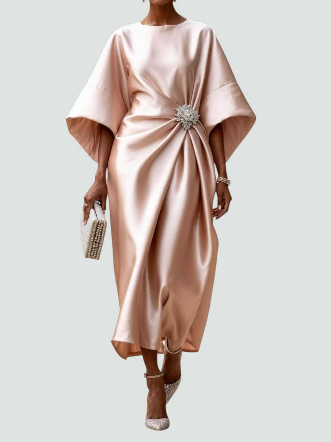 Fashionable women's party dress: a sculpted satin midi with elegant kimono sleeves and draped style.