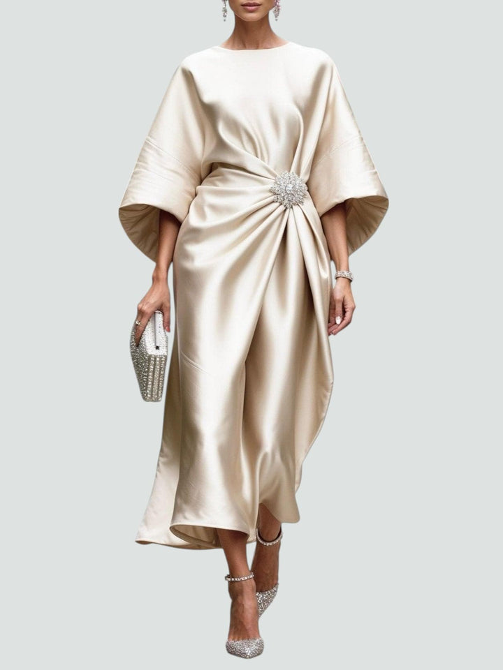 Full-length view of a women's elegant satin midi dress, showcasing sculpted design and formal appeal.