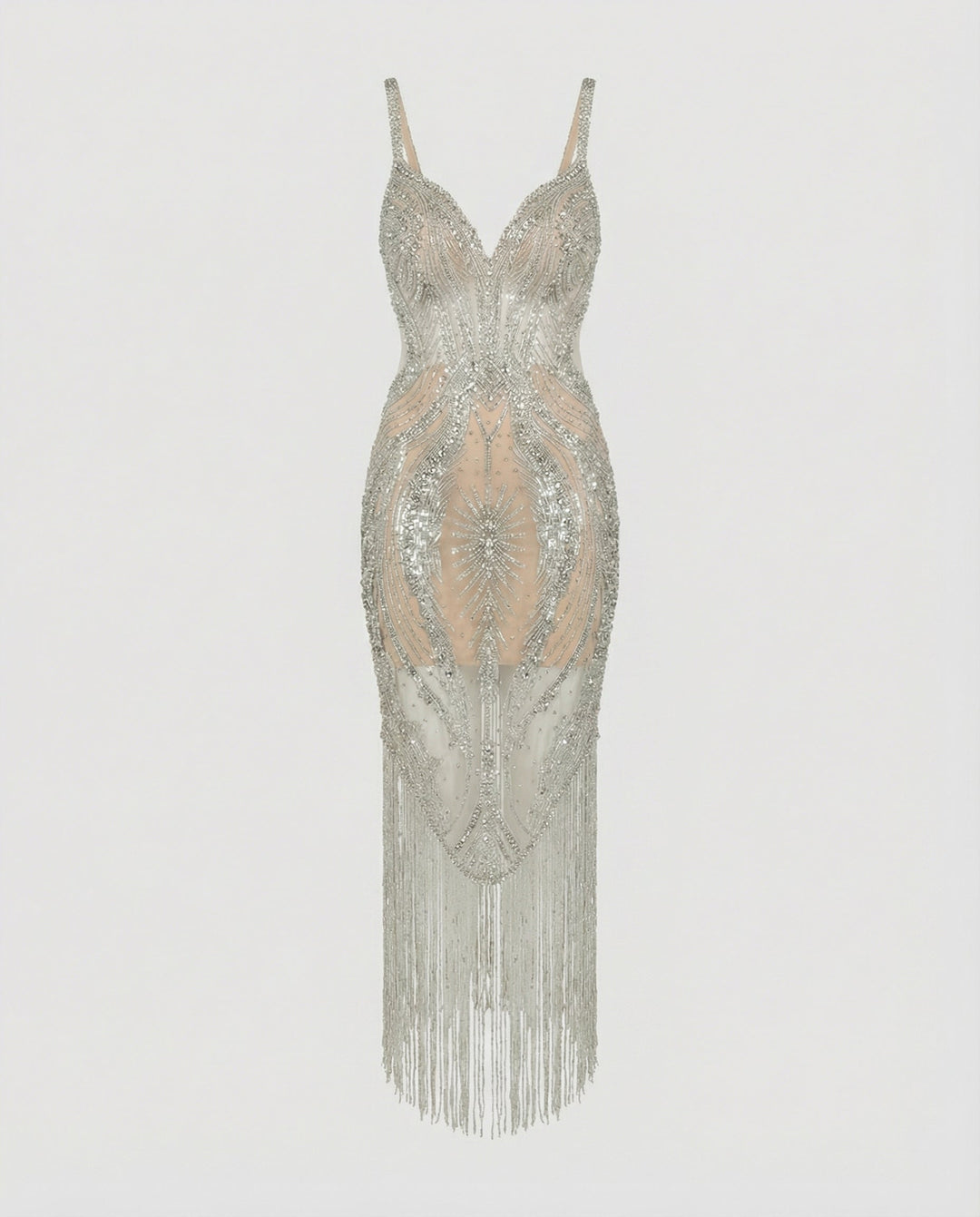 Woman wearing a dazzling sequin V-neck midi dress. Elegant sleeveless party & evening fashion.