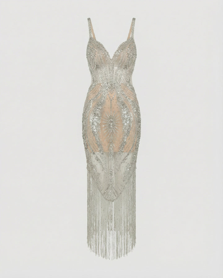 Woman wearing a dazzling sequin V-neck midi dress. Elegant sleeveless party & evening fashion.