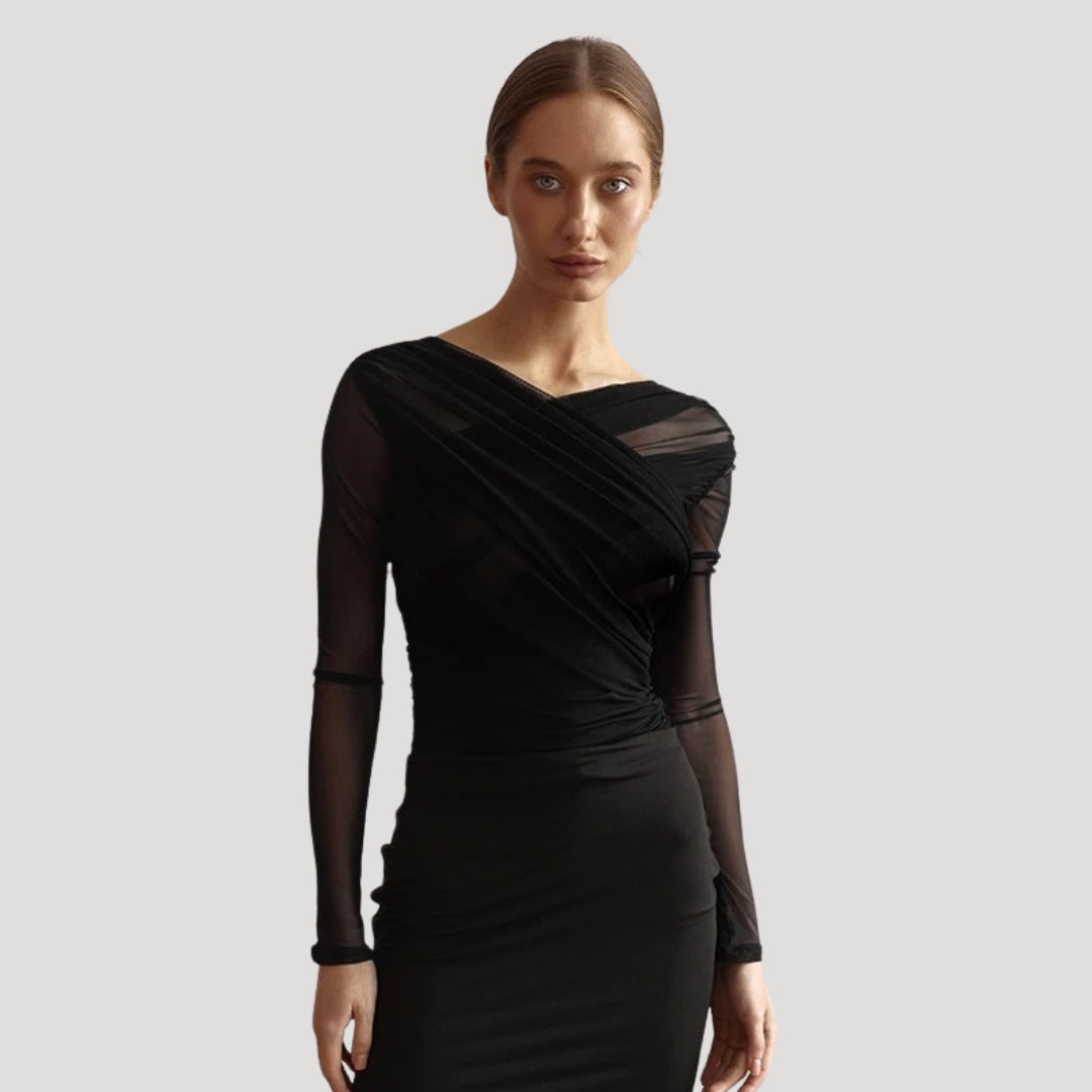 Elegant women's sheer wrap long-sleeve spring top, perfect for a stylish casual look.