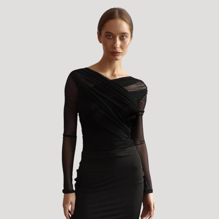 Elegant women's sheer wrap long-sleeve spring top, perfect for a stylish casual look.