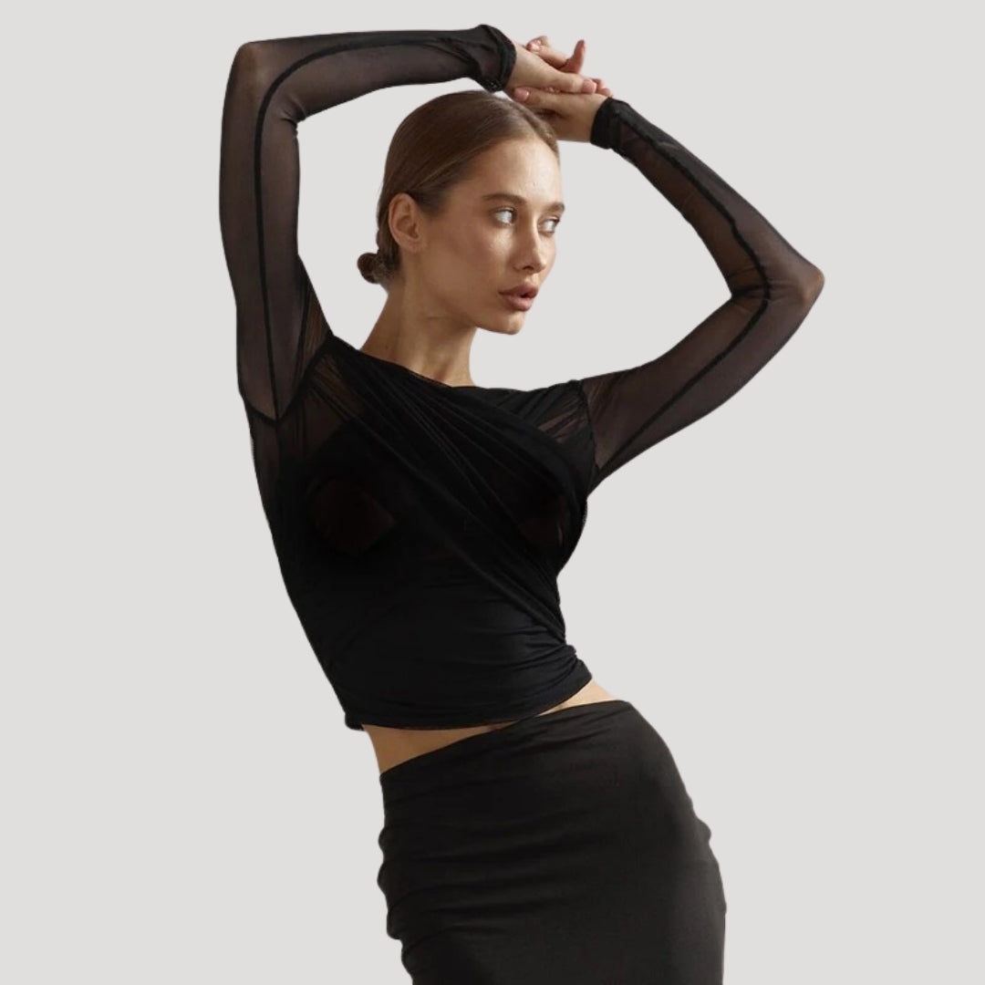 Stylish sheer wrap top for women with long sleeves, ideal for spring fashion.