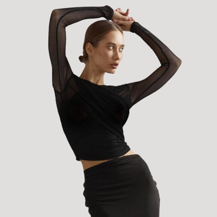 Stylish sheer wrap top for women with long sleeves, ideal for spring fashion.