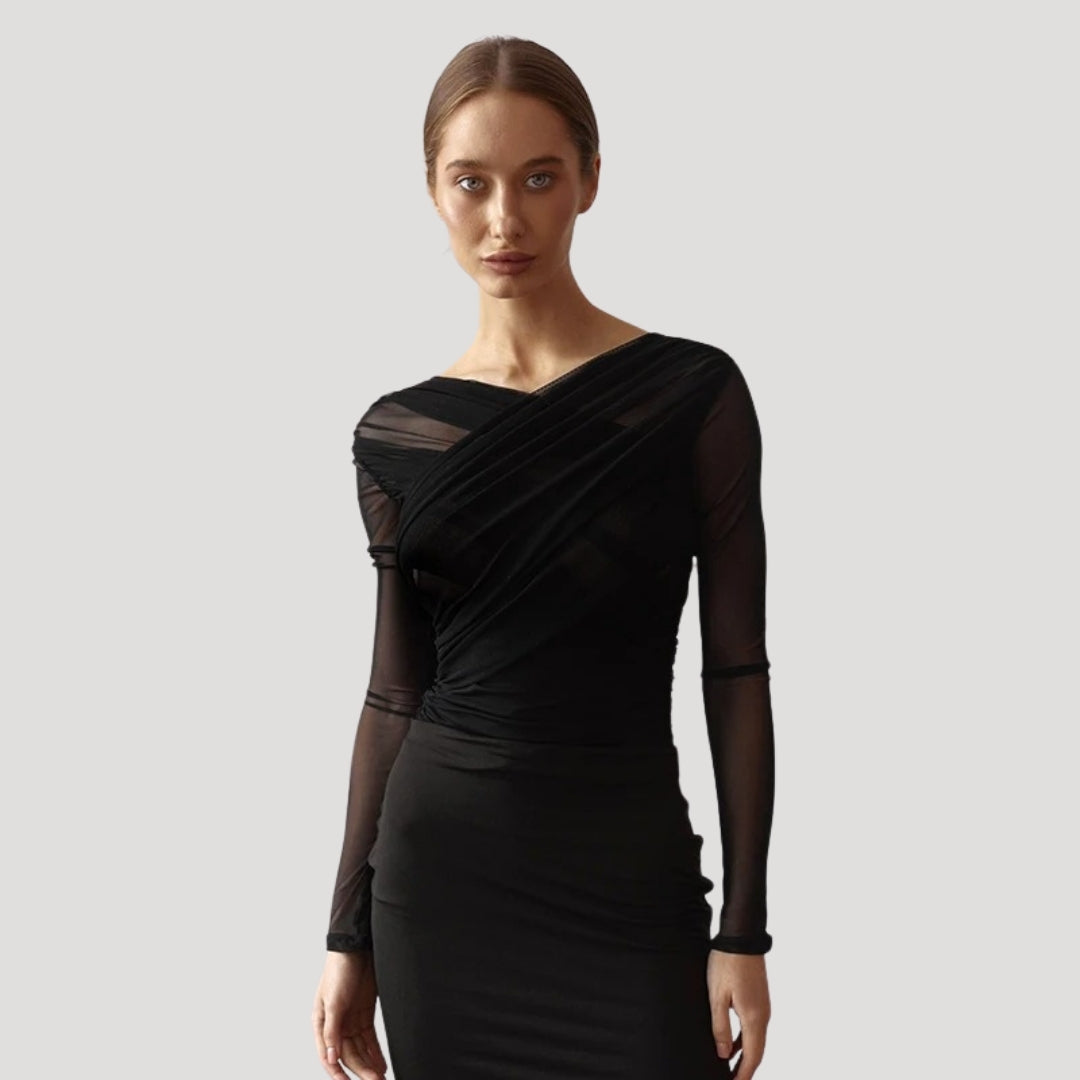 Women's elegant sheer wrap long-sleeve top in black, a versatile spring casual garment.