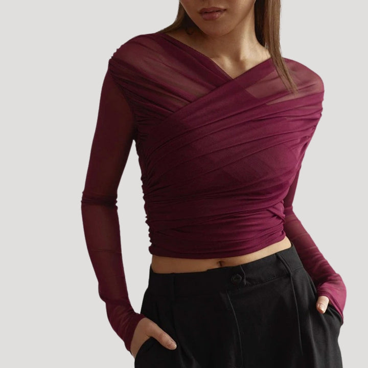 Fashionable women's sheer wrap top with long sleeves, a must-have for spring elegance.