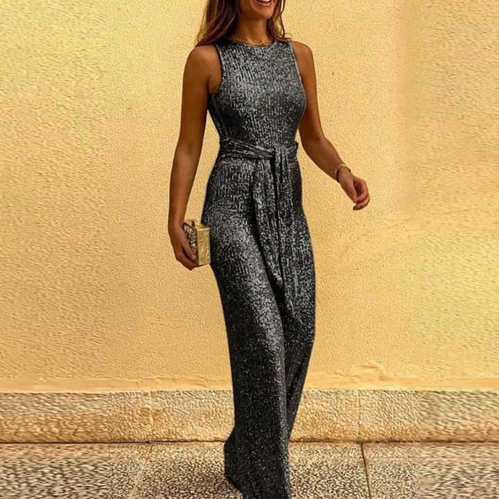Women's glamorous partywear jumpsuit with a shimmering surface and wide-leg design
