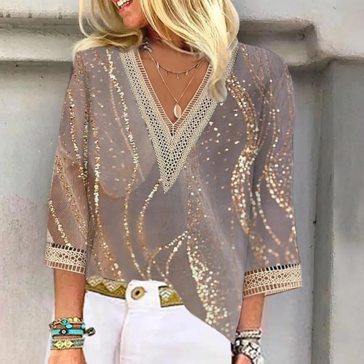 Elegant women's shiny V-neck blouse in a sophisticated style, perfect for versatile business casual or fashion wear.