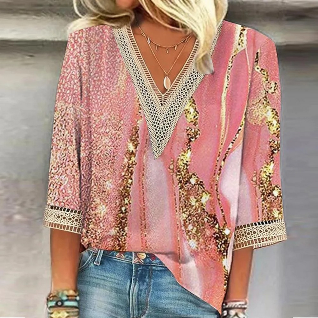 Shimmering V-neck blouse for women, offering elegant comfort. A versatile shiny top for ladies' sophisticated style.