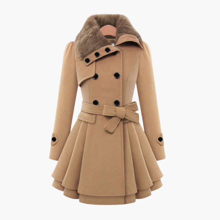 Elegant women's short dress coat with waist tie and faux fur collar. Perfect winter outerwear.
