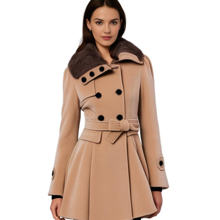 Warm and chic women's short dress coat, waist tie detail, and luxurious faux fur collar.