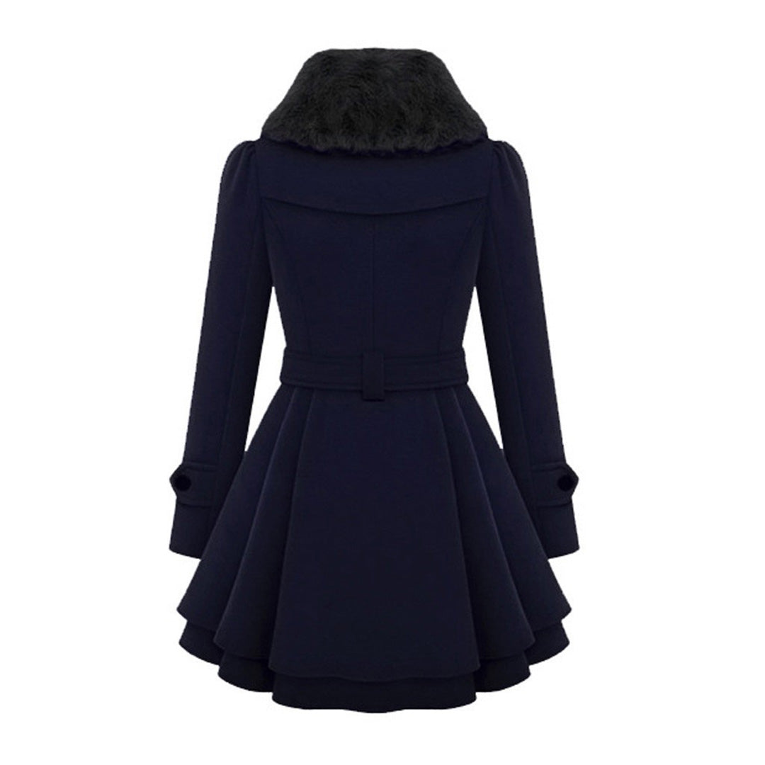 Classic women's outerwear: short dress coat, double-breasted, with a sophisticated waist tie.