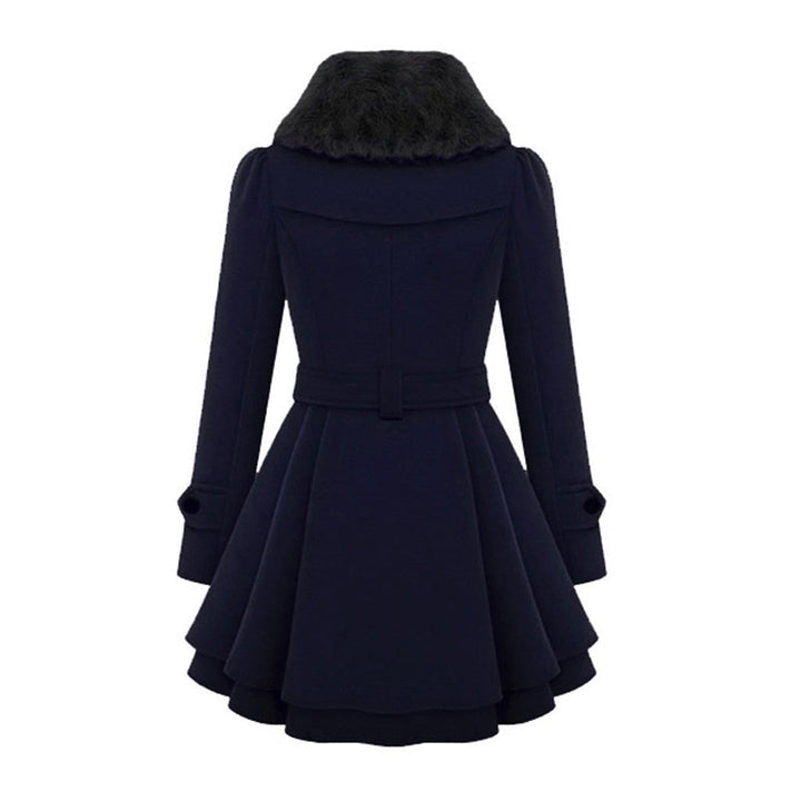 Classic women's outerwear: short dress coat, double-breasted, with a sophisticated waist tie.