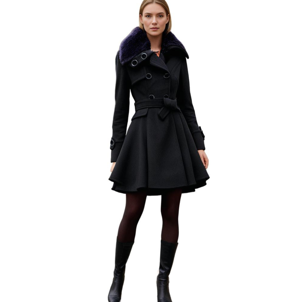 Chic women's short dress coat with a double-breasted front and a defining waist tie.