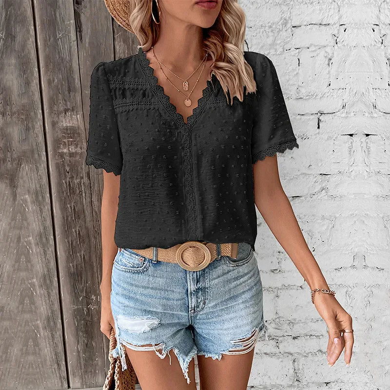 Spring/summer women's elegant blouse, a comfortable short sleeve polyester top.