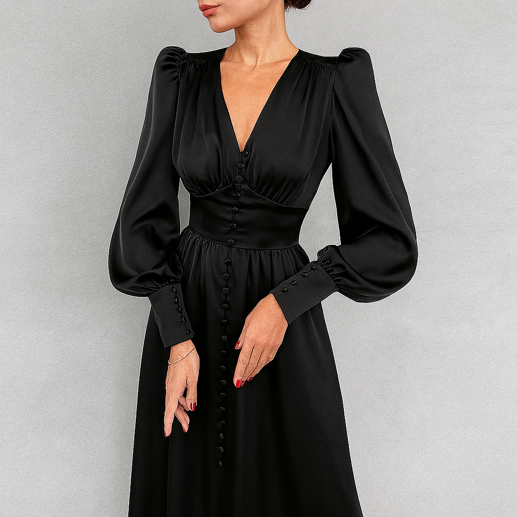 Elegant women's silky puff sleeve V-neck midi dress, perfect for formal wear or a cocktail party.