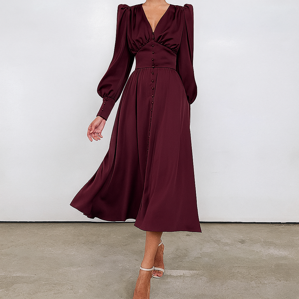 New women's silky midi dress featuring stylish puff sleeves and a flattering V-neckline.