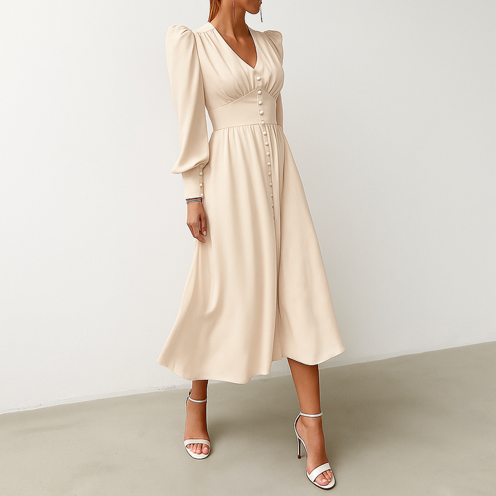V-neck silky midi dress for women with elegant puff sleeves, ideal for spring summer events.