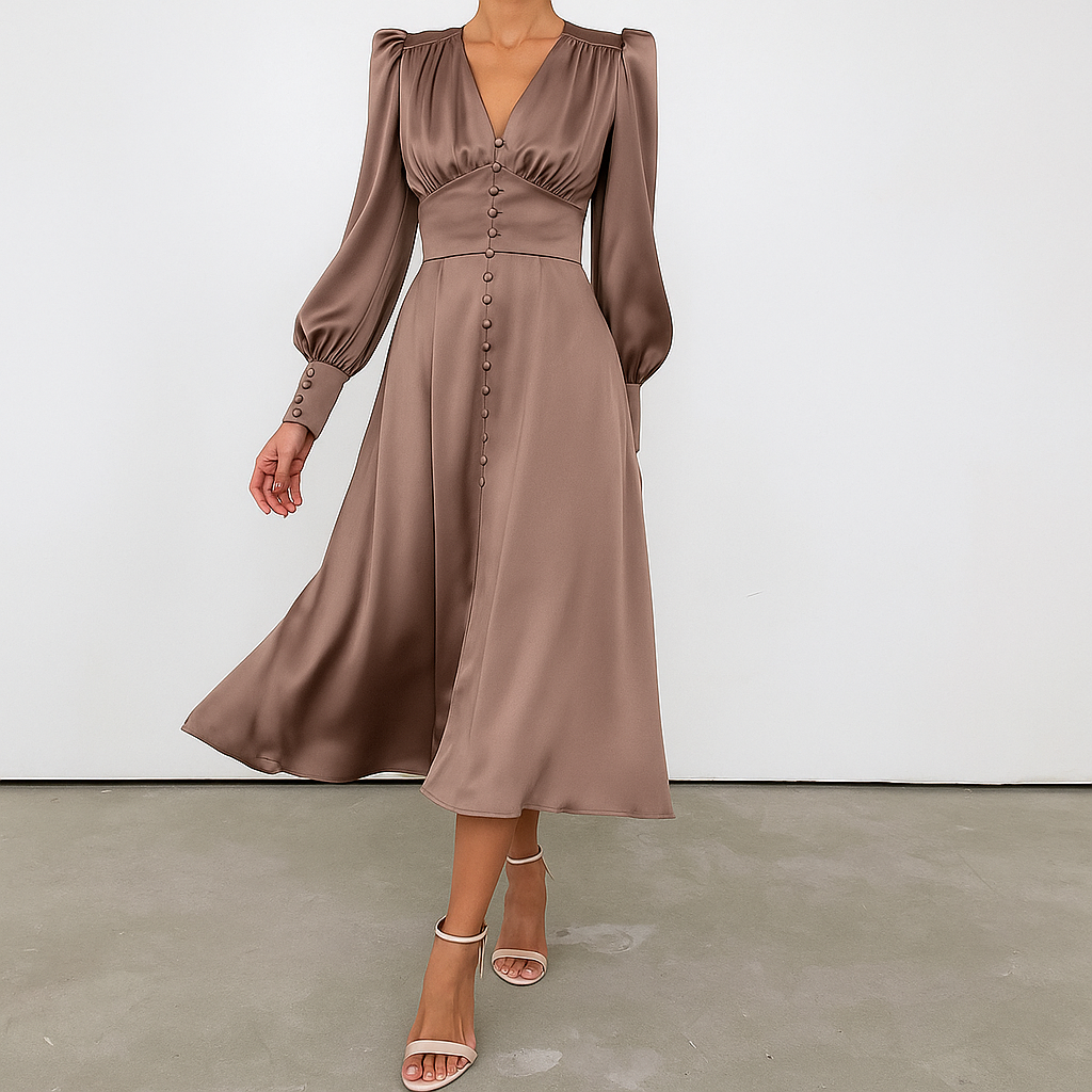 Formal women's party dress: a silky midi with V-neck and fashionable puff sleeves.