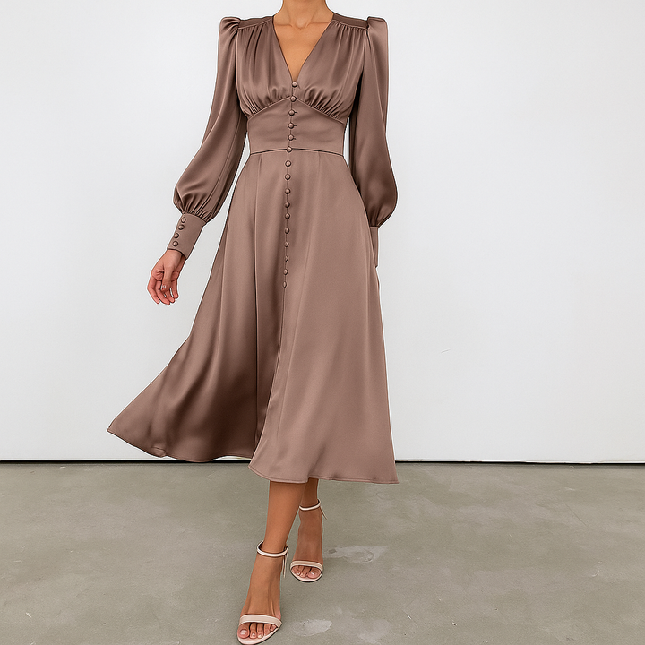 Formal women's party dress: a silky midi with V-neck and fashionable puff sleeves.