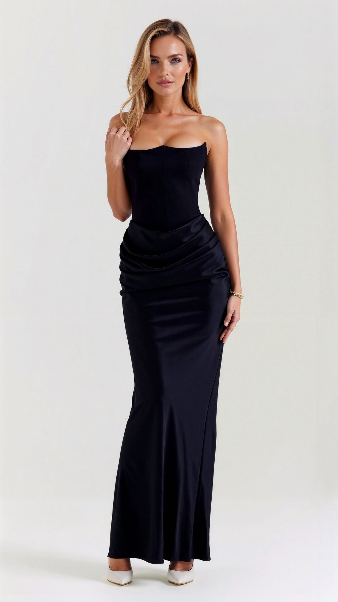 Elegant women's sleeveless column maxi dress, perfect for wedding guest or formal evening wear.