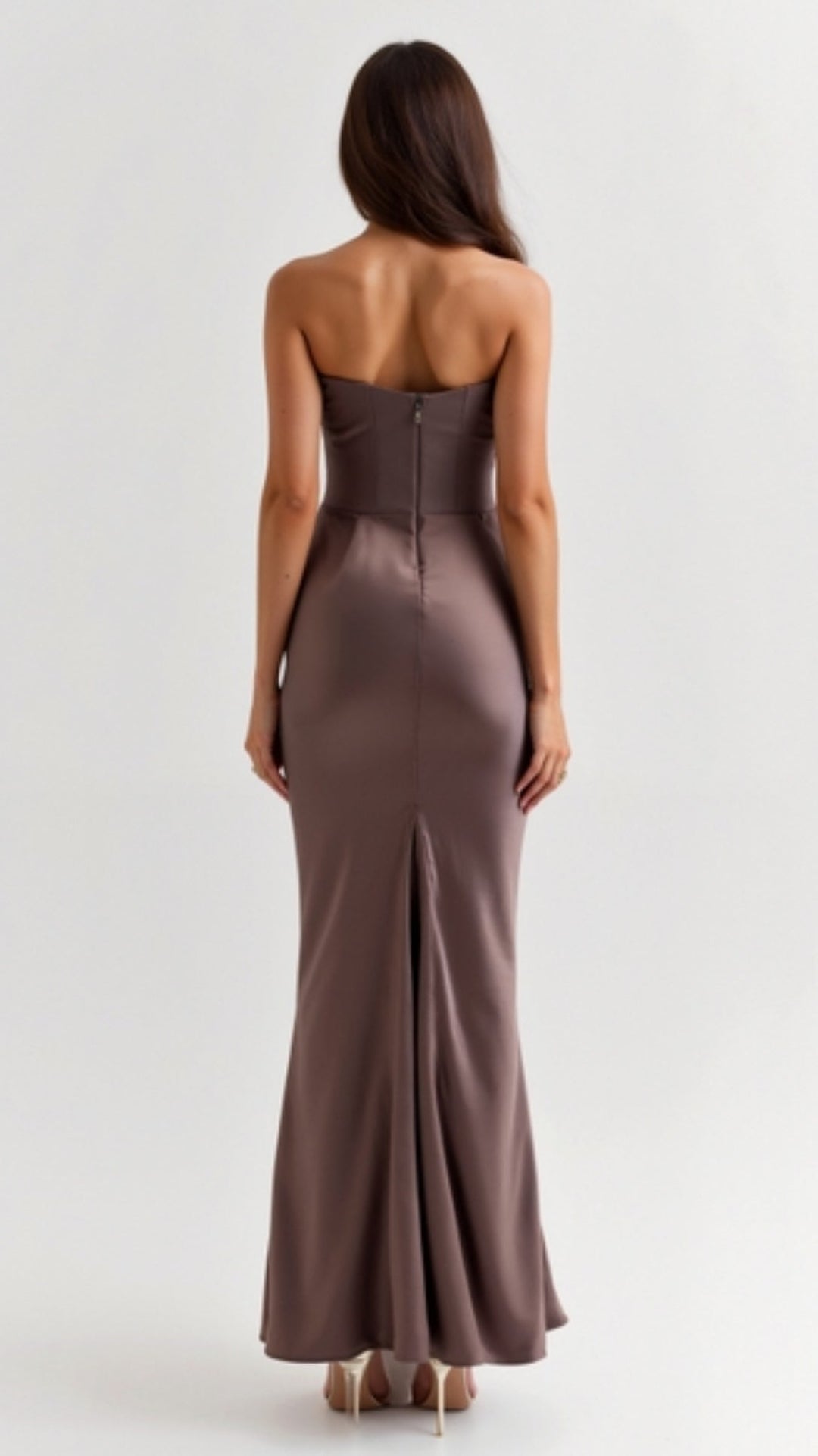Close-up of the delicate neckline on a women's column maxi dress, perfect for weddings.