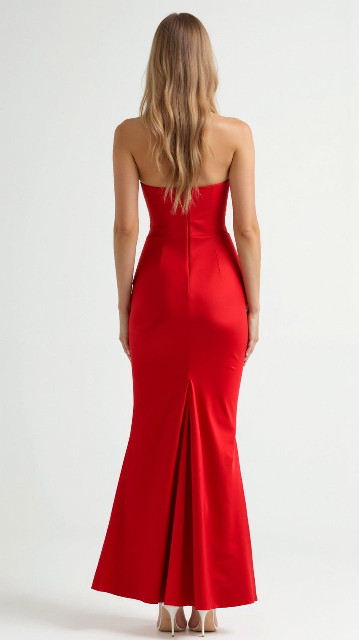 Side view of an elegant women's sleeveless column dress, showcasing its graceful silhouette.