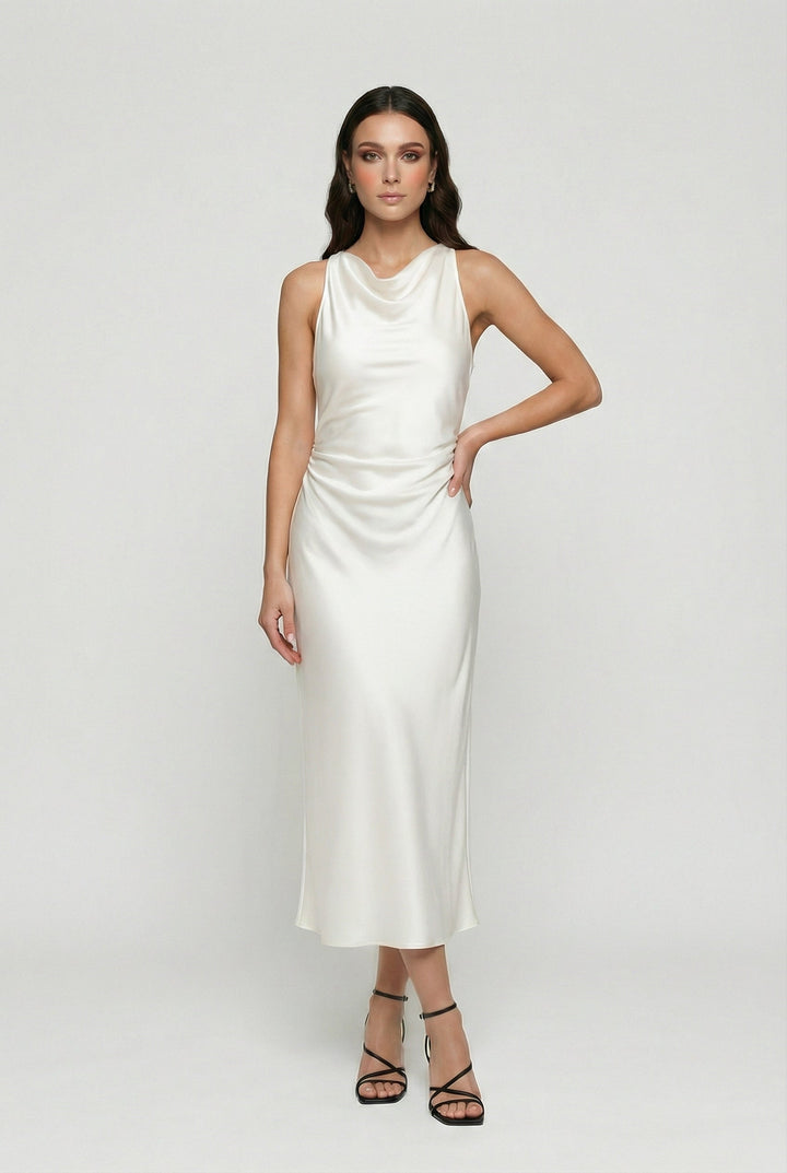 Chic women's ruched midi dress featuring a flattering cowl neck, ideal for formal events or date nights.