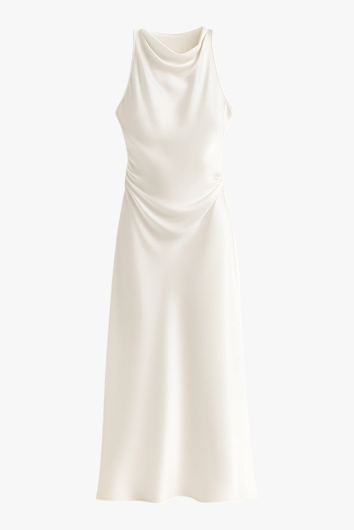 Formal women's midi dress, sleeveless with a beautiful cowl neck and ruched detailing. Great for special occasions.