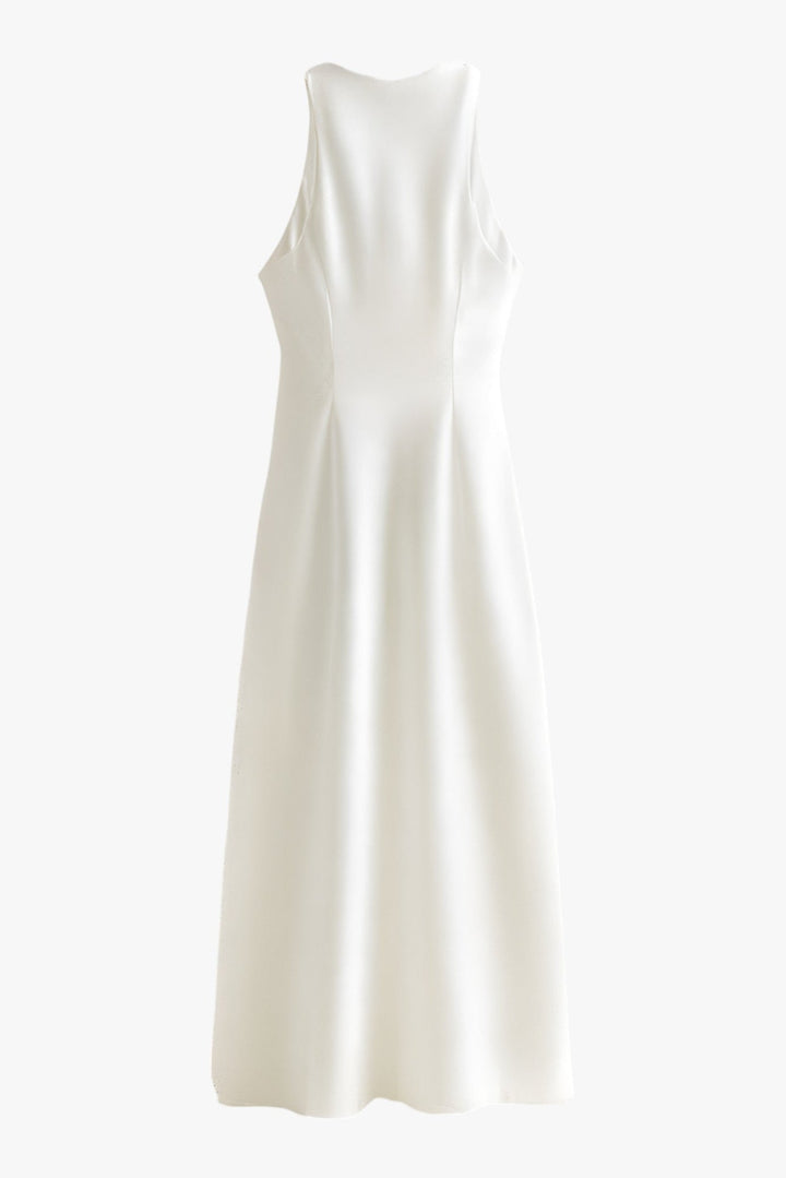 Stunning women's party midi dress with elegant cowl neck, flattering ruched design, and a chic sleeveless cut.